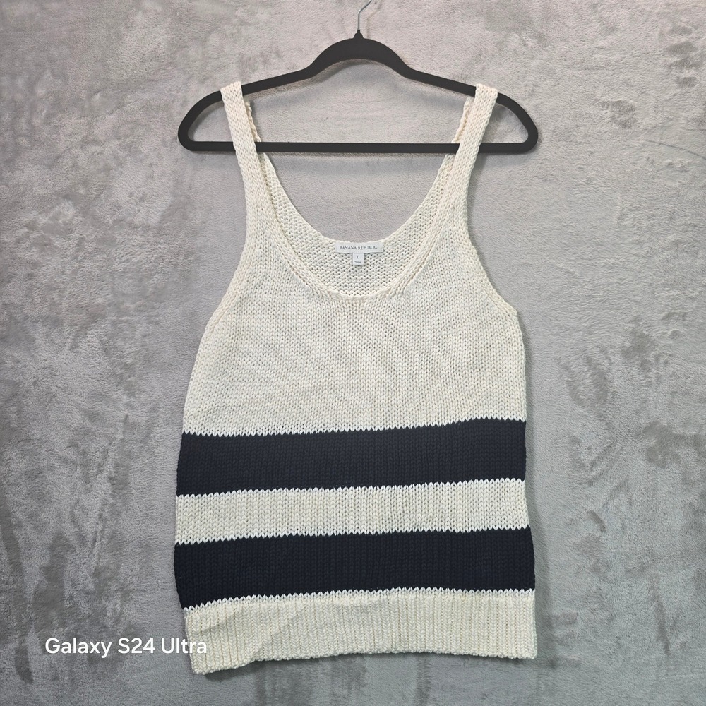 Banana Republic Womens Cotton Knit Striped Tank Top Cream Navy Blue Large